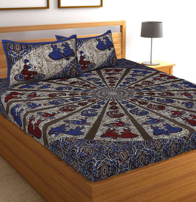 Diva Collection 144 TC Cotton Double Jaipuri Prints Flat Bedsheet(Pack of 1, Blue)