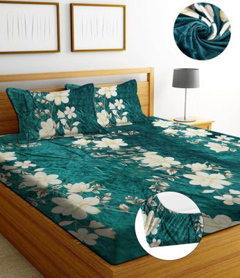 Crafteal Velvet King Fitted (Elastic) 300 TC Floral Bedsheet(Pack of 1, Multicolor)