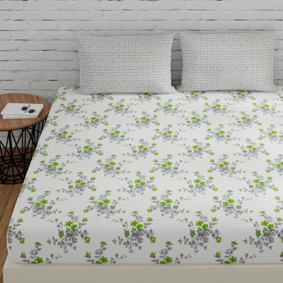 Huesland 144 TC Cotton Double Floral Flat Bedsheet(Pack of 1, White, Green & Grey)