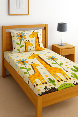 Shruvis Ekart 240 TC Cotton Single Printed Fitted (Elastic) Bedsheet(Pack of 1, Yellow Cartoon)