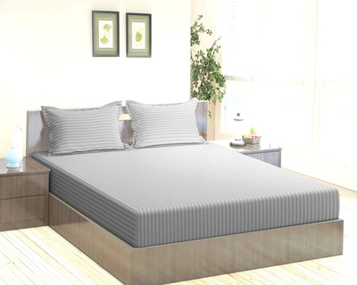 Buggly Polycotton Double Flat 300 TC Striped Bedsheet(Pack of 1, Lite Grey)