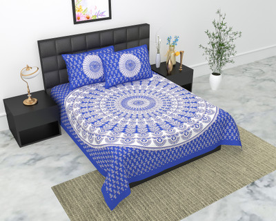 Navkar Creation 104 TC Cotton Double Jaipuri Prints Flat Bedsheet(Pack of 1, Blue)