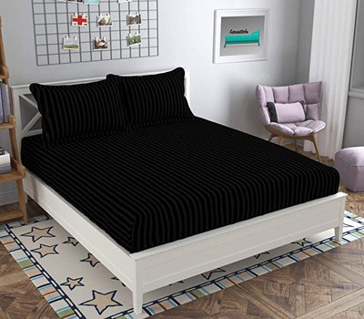 RUSTIC LINEN 144 TC Microfiber Double Striped Flat Bedsheet(Pack of 1, Black)