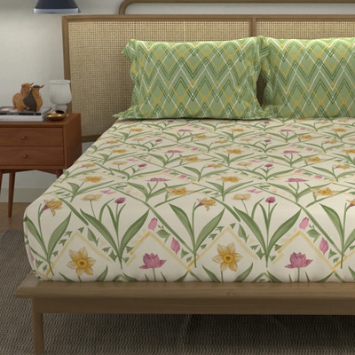 Urban Space Cotton Double Flat 144 TC Printed Bedsheet(Pack of 1, Spring Sage Green)