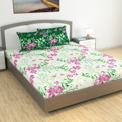 Divine Casa 144 TC Polycotton King Floral Flat Bedsheet(Pack of 1, Deep Mint)