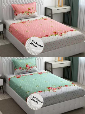 Nt@ub 210 TC Cotton Single Printed Fitted (Elastic) Bedsheet(Pack of 2, Pink, Green)
