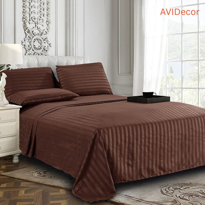 Avidecor Polycotton Double Flat 300 TC Striped Bedsheet(Pack of 1, Brown)