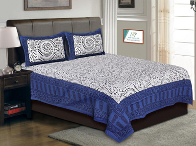 PALANG SHOBHA Cotton King Flat 400 TC Jaipuri Prints Bedsheet(Pack of 1, Blue)