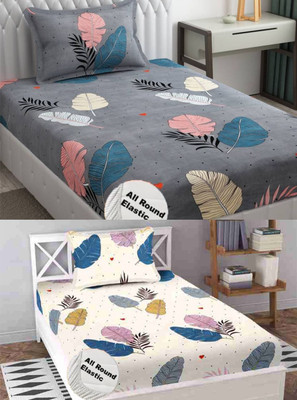 Nt@ub 210 TC Cotton Single Printed Fitted (Elastic) Bedsheet(Pack of 2, Grey, Cream)