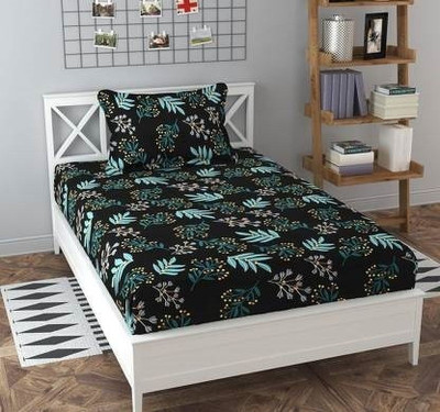 Hss fab Cotton Blend Single Fitted (Elastic) 210 TC Floral Bedsheet(Pack of 1, Green)