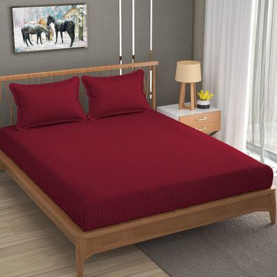 VORDVIGO 300 TC Satin Double Striped Fitted (Elastic) Bedsheet(Pack of 1, Maroon)
