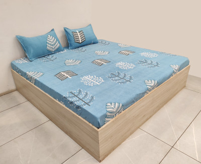 TexKing 220 TC Cotton Double Printed Fitted (Elastic) Bedsheet(Pack of 1, Sky Blue, Double Bedsheet with 2 Pillow Covers)