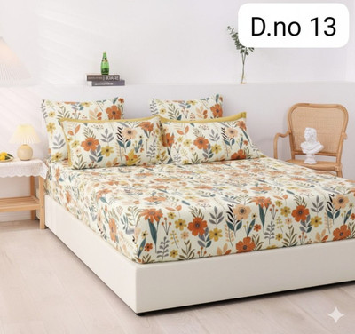 Somaya Cotton Double Fitted (Elastic) 230 TC Printed Bedsheet(Pack of 1, Cream & Orange)