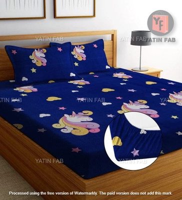 yatin fab Cotton King Fitted (Elastic) 244 TC Printed Bedsheet(Pack of 2, Blue)