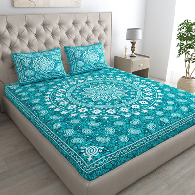 BharatLinen Cotton King Flat 144 TC Jaipuri Prints Bedsheet(Pack of 1, SeaGreen, White, Turquoise)