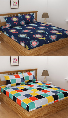 Panipat Textile Hub 140 TC Cotton Double 3D Printed Flat Bedsheet(Pack of 2, Multicolor1)