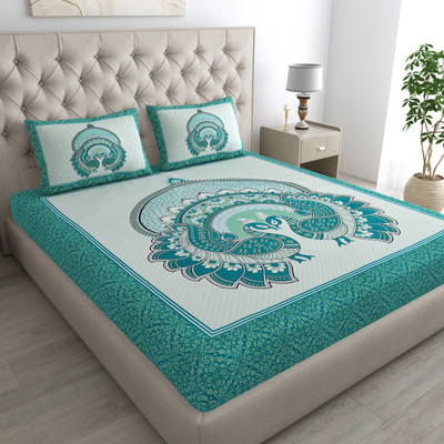 Cosito 144 TC Cotton Double Jaipuri Prints Flat Bedsheet(Pack of 1, Green)
