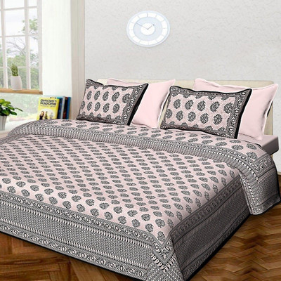 PALANG SHOBHA Cotton Double Flat 200 TC Jaipuri Prints Bedsheet(Pack of 1, Black, White)