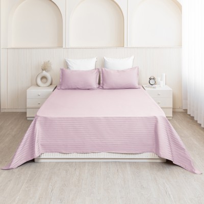 HOMEMONDE 210 TC Cotton Queen Striped Flat Bedsheet(Pack of 1, Pink)