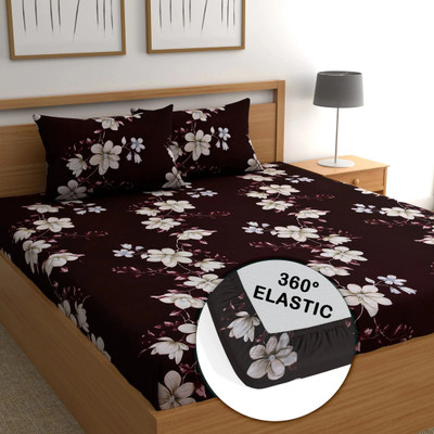 CG Homes Cotton Double Fitted (Elastic) 180 TC Printed 1 Bedsheet with 2 Pillow Covers(Brown White)