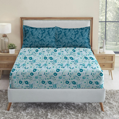 MYTRIDENT Cotton Queen Flat 144 TC Geometric Bedsheet(Pack of 1, Desert Gardern Blue)