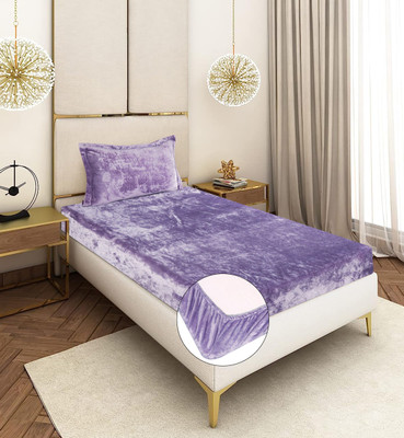 Crafteal Velvet Single Fitted (Elastic) 300 TC Solid Bedsheet(Pack of 1, Purple)