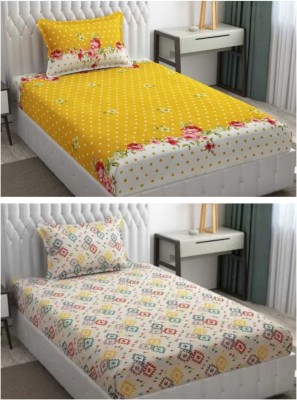 WIGGLY 180 TC Cotton Single Floral Fitted (Elastic) Bedsheet(Pack of 2, Cream, Yellow Dot)