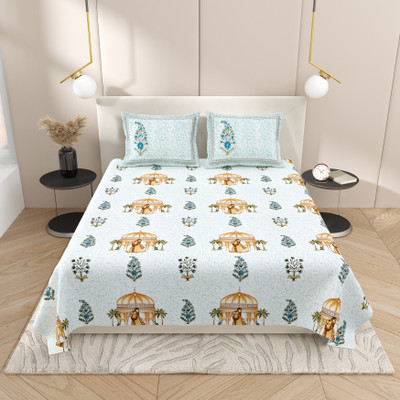 feya Cotton King Flat 180 TC Jaipuri Prints Bedsheet(Pack of 1, Green White)