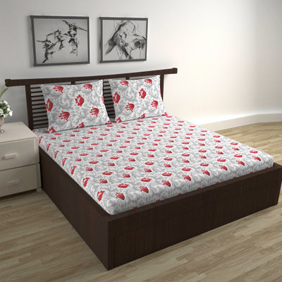 Divine Casa 144 TC Cotton Double Floral Flat Bedsheet(Pack of 1, Red Mist)