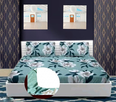 Hss fab Cotton Blend Double Fitted (Elastic) 210 TC Floral Bedsheet(Pack of 1, Multicolor, Green)
