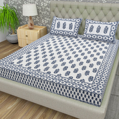 Cosito 144 TC Cotton Double Jaipuri Prints Flat Bedsheet(Pack of 1, Grey)