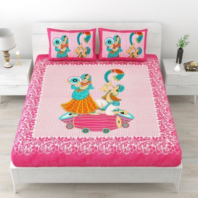 UNIQCHOICE 104 TC Cotton Double Jaipuri Prints Flat Bedsheet(Pack of 1, Pink)