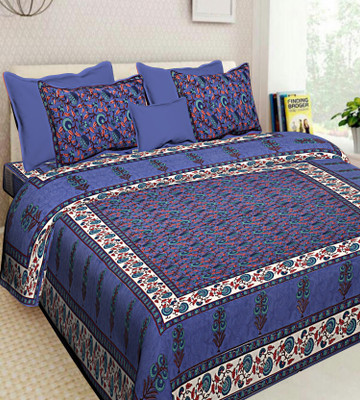 RAJDEVI JAIPUR PRINTS 288 TC Cotton Double, King Printed Fitted & Flat Bedsheet(Pack of 1, Blue)