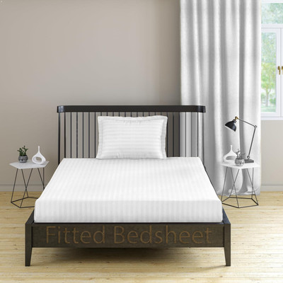 EVAN 300 TC Cotton Single Striped Fitted (Elastic) Bedsheet(Pack of 1, White)