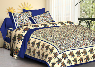 KANDY SHOP Cotton Queen Flat 600 TC Jaipuri Prints Bedsheet(Pack of 1, Blue)