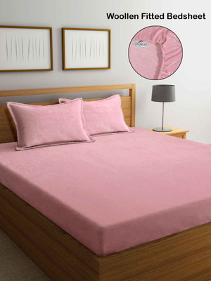 Fabinaliv Woolen King Fitted (Elastic) 300 TC Solid Bedsheet(Pack of 1, Baby Pink)