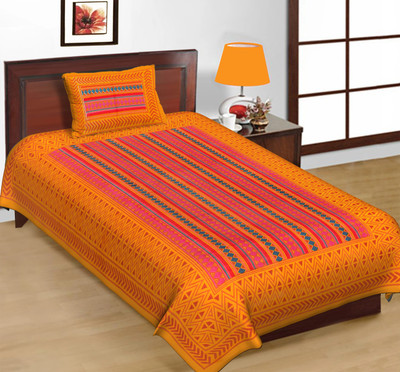 Pink City Cotton Single Flat 144 TC Jaipuri Prints Bedsheet(Pack of 1, Orange)