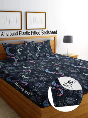 RisingStar Cotton King Fitted (Elastic) 250 TC Striped Bedsheet(Pack of 1, BLACK STARS)