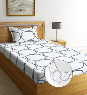 Moonroof Cotton Single Fitted (Elastic) 240 TC Printed Bedsheet(Pack of 1, White, Grey_Circle)