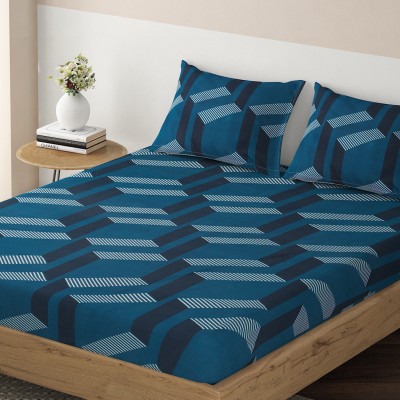 HOKiPO 220 TC Microfiber Queen Geometric Fitted (Elastic) Bedsheet(Pack of 1, 3D Zig Zag Lines Prussian Blue)