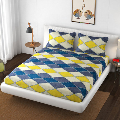 The Little Big Store Cotton King Fitted (Elastic) 210 TC Printed Bedsheet(Pack of 1, Blue-Yellow)