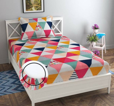 New Town 180 TC Cotton Single Geometric Fitted (Elastic) Bedsheet(Pack of 1, Multicolor)