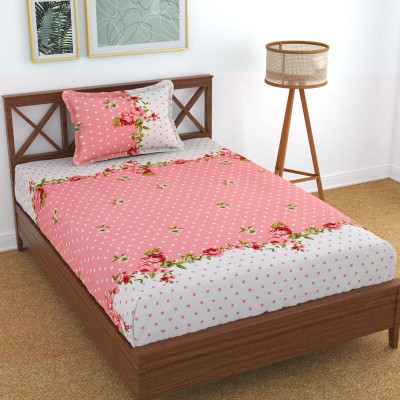 HOMYBEES Cotton Single Fitted (Elastic) 220 TC Abstract Bedsheet(Pack of 1, Pink)