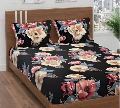 Verma impex Polycotton Double Fitted (Elastic) 270 TC Abstract Bedsheet(Pack of 1, Black)
