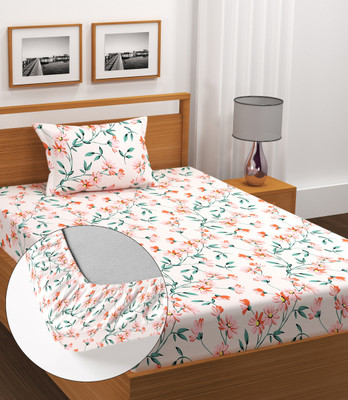 BLUEDOT Cotton Single Fitted (Elastic) 200 TC Floral Bedsheet(Pack of 1, Beige)