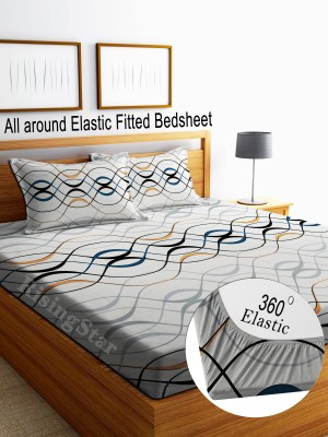 RisingStar 250 TC Cotton King Abstract Fitted (Elastic) Bedsheet(Pack of 1, FITTED_ WHITE_WAVE_LINES)