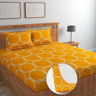 SHOPHOX Cotton King Fitted (Elastic) 210 TC Printed Bedsheet(Pack of 1, Yellow, White)