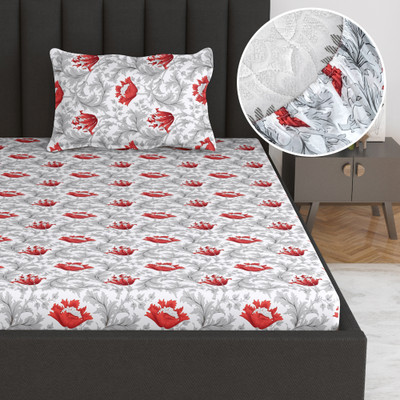Divine Casa Cotton Single Fitted (Elastic) 1444 TC Floral Bedsheet(Pack of 1, Red Mist)