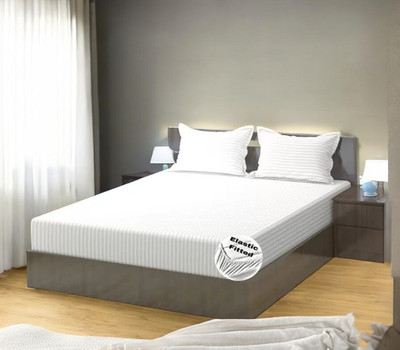 HOMYBEES 300 TC Cotton Double Abstract Fitted (Elastic) Bedsheet(Pack of 1, White)