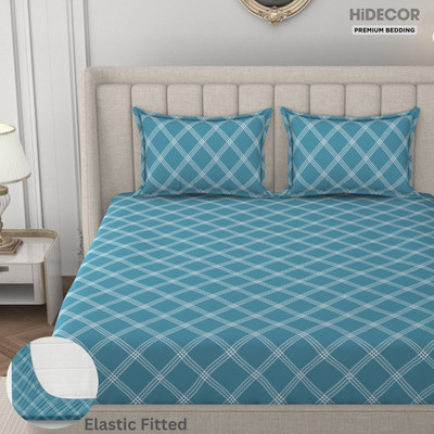 HIDECOR 280 TC Microfiber King Geometric Fitted (Elastic) Bedsheet(Pack of 1, Blue)